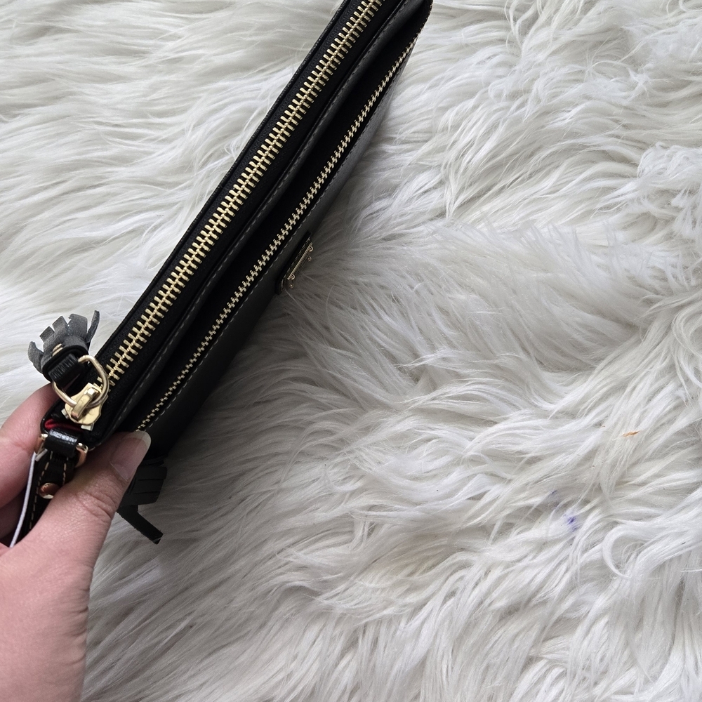 Dooney & Bourke Black Leather Double-Zip Wristlet with Tassels - Picture 3 of 4